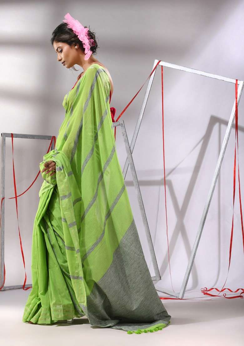 Green Striped Cotton Saree Set for Diwali | Wedding & Festive Wear - Indya