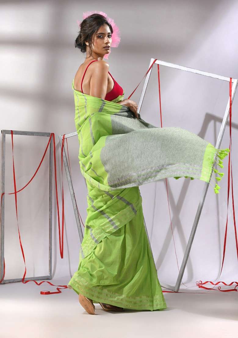 Green Striped Cotton Saree Set for Diwali | Wedding & Festive Wear - Indya