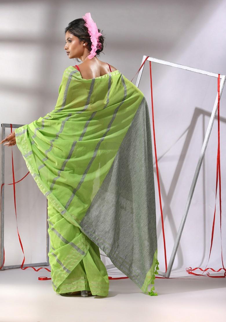 Green Striped Cotton Saree Set - Indya