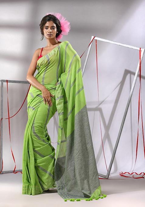 Green Striped Cotton Saree Set