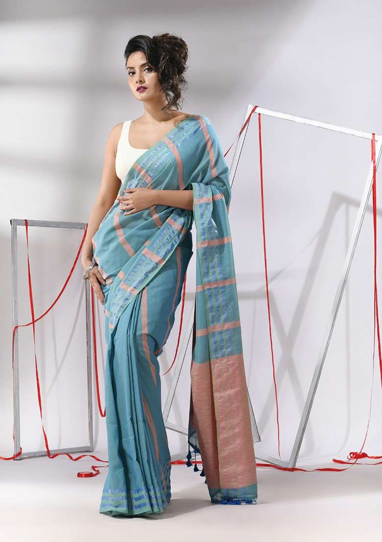 Sky Blue Striped Cotton Saree Set for Diwali and Festive Wear - Indya