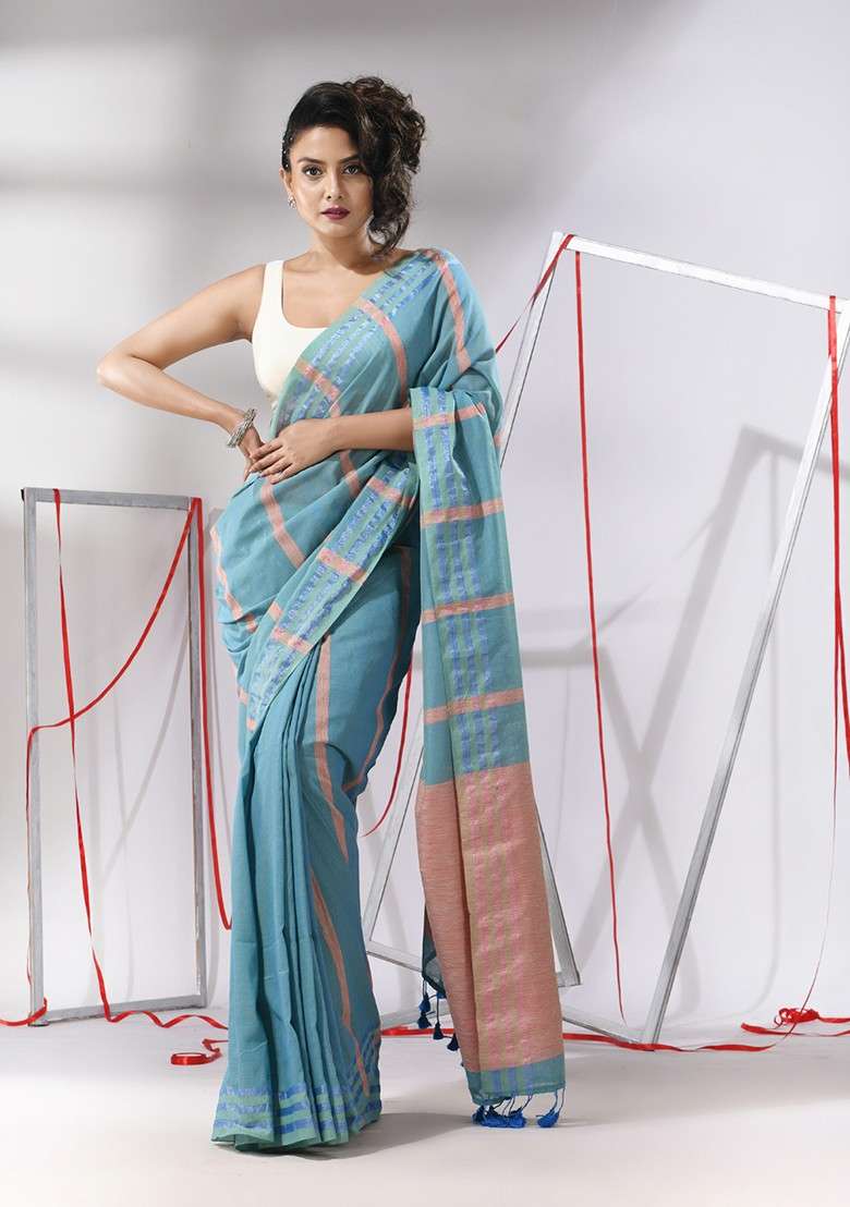 Sky Blue Striped Cotton Saree Set for Diwali and Festive Wear - Indya