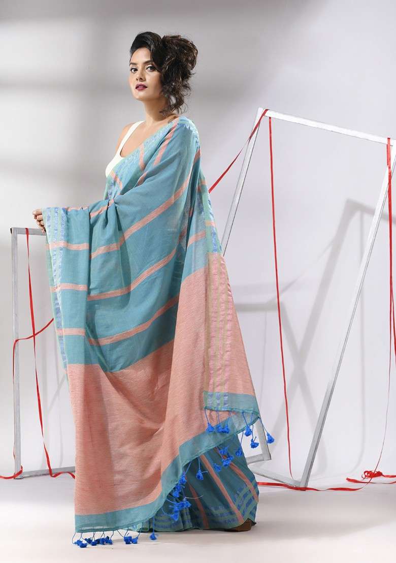Sky Blue Striped Cotton Saree Set for Diwali and Festive Wear - Indya
