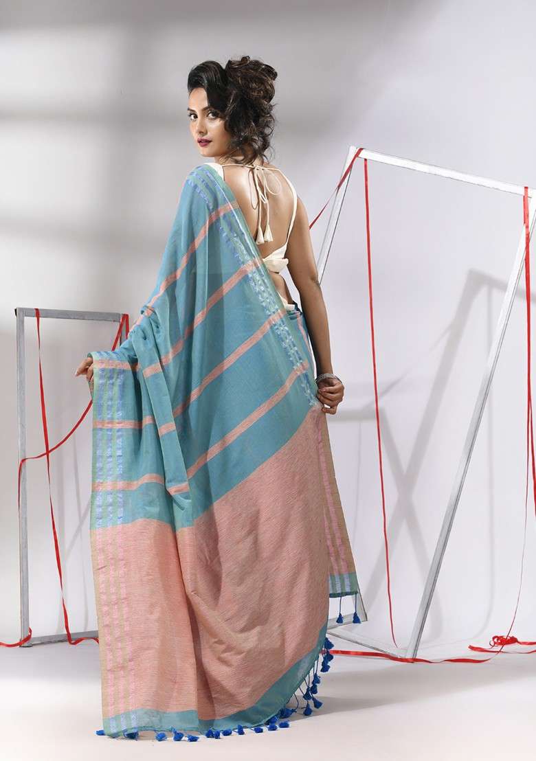 Sky Blue Striped Cotton Saree Set for Diwali and Festive Wear - Indya