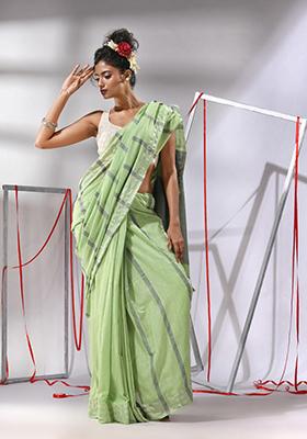 Pear Green Striped Cotton Saree Set