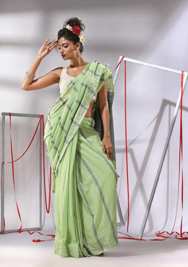 Pear Green Striped Cotton Saree Set for Diwali | Wedding & Festive Wear - Indya