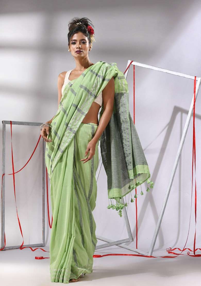 Pear Green Striped Cotton Saree Set for Diwali | Wedding & Festive Wear - Indya