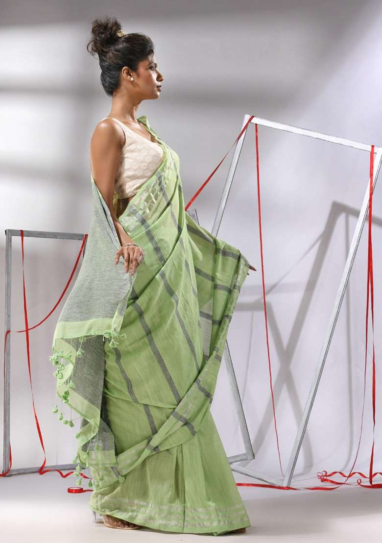 Pear Green Striped Cotton Saree Set for Diwali | Wedding & Festive Wear - Indya