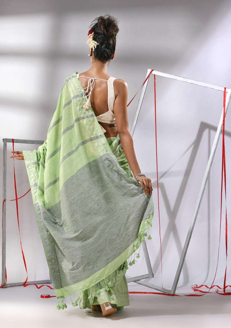 Pear Green Striped Cotton Saree Set for Diwali | Wedding & Festive Wear - Indya