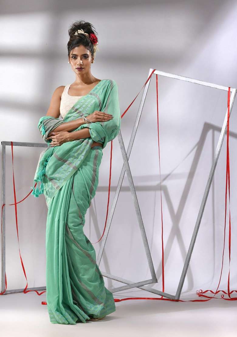 Sea Green Striped Cotton Saree Set for Diwali and Festive Wear - Indya