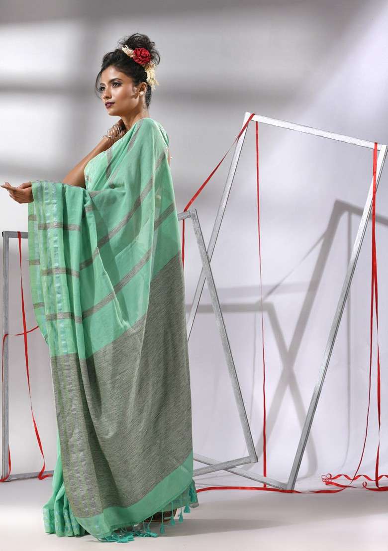 Sea Green Striped Cotton Saree Set for Diwali and Festive Wear - Indya