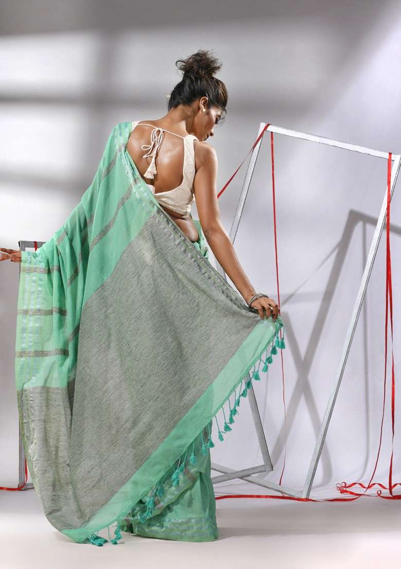 Sea Green Striped Cotton Saree Set for Diwali and Festive Wear - Indya