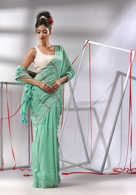 Sea Green Striped Cotton Saree Set