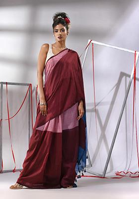 Maroon Woven Design Cotton Saree Set