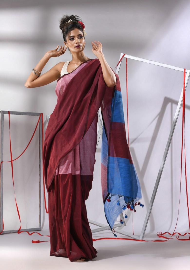 Maroon Woven Design Cotton Saree Set
