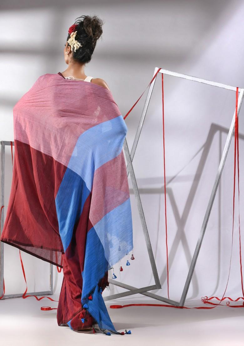 Maroon Woven Design Cotton Saree Set