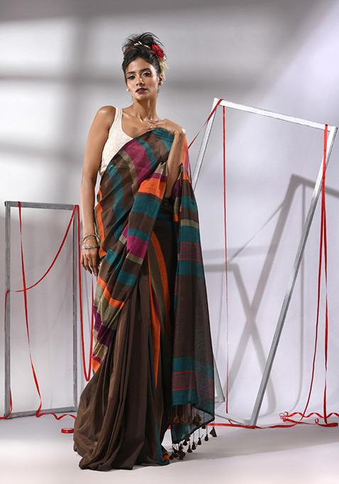 Brown Striped Cotton Saree Set