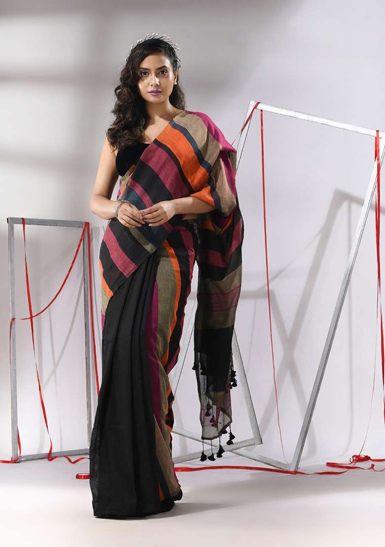 Black Striped Colour Block Cotton Saree Set for Diwali and Festive Wear - Indya