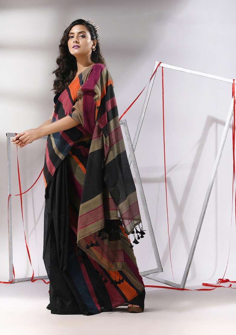 Black Striped Colour Block Cotton Saree Set for Diwali and Festive Wear - Indya