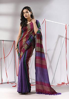 Multicolor Woven Design Striped Cotton Saree Set