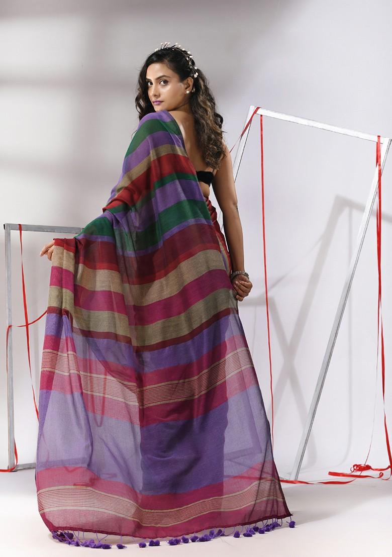 Multicolor Woven Design Striped Cotton Saree Set - Indya
