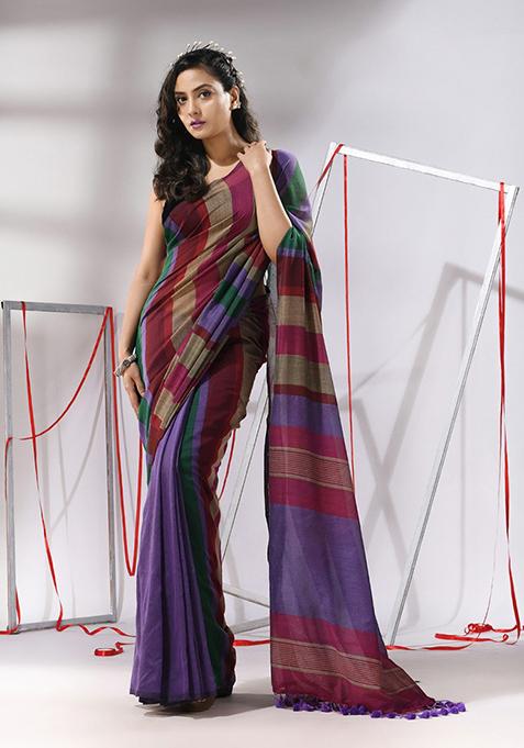 Multicolor Woven Design Striped Cotton Saree Set