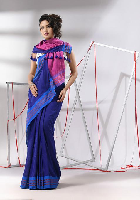 Blue Striped Cotton Saree Set