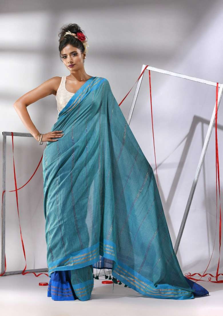 Teal Blue Striped Cotton Saree Set for Diwali | Wedding & Festive Wear - Indya