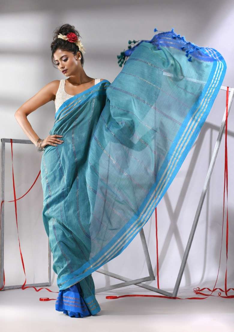 Teal Blue Striped Cotton Saree Set for Diwali | Wedding & Festive Wear - Indya