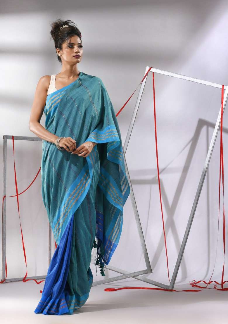 Teal Blue Striped Cotton Saree Set for Diwali | Wedding & Festive Wear - Indya