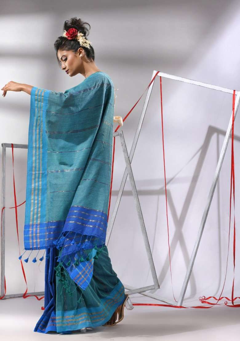 Teal Blue Striped Cotton Saree Set for Diwali | Wedding & Festive Wear - Indya