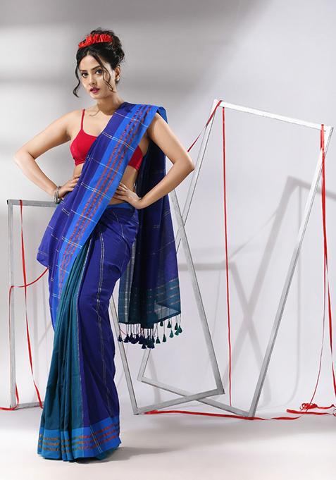 Blue Woven Design Striped Cotton Saree Set