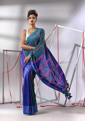 Teal Blue Woven Design Striped Cotton Saree Set