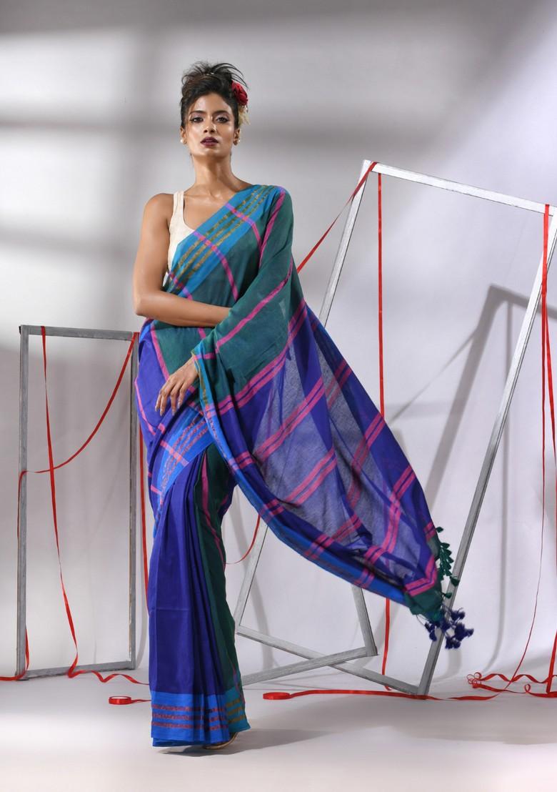 Teal Blue Woven Design Striped Cotton Saree Set