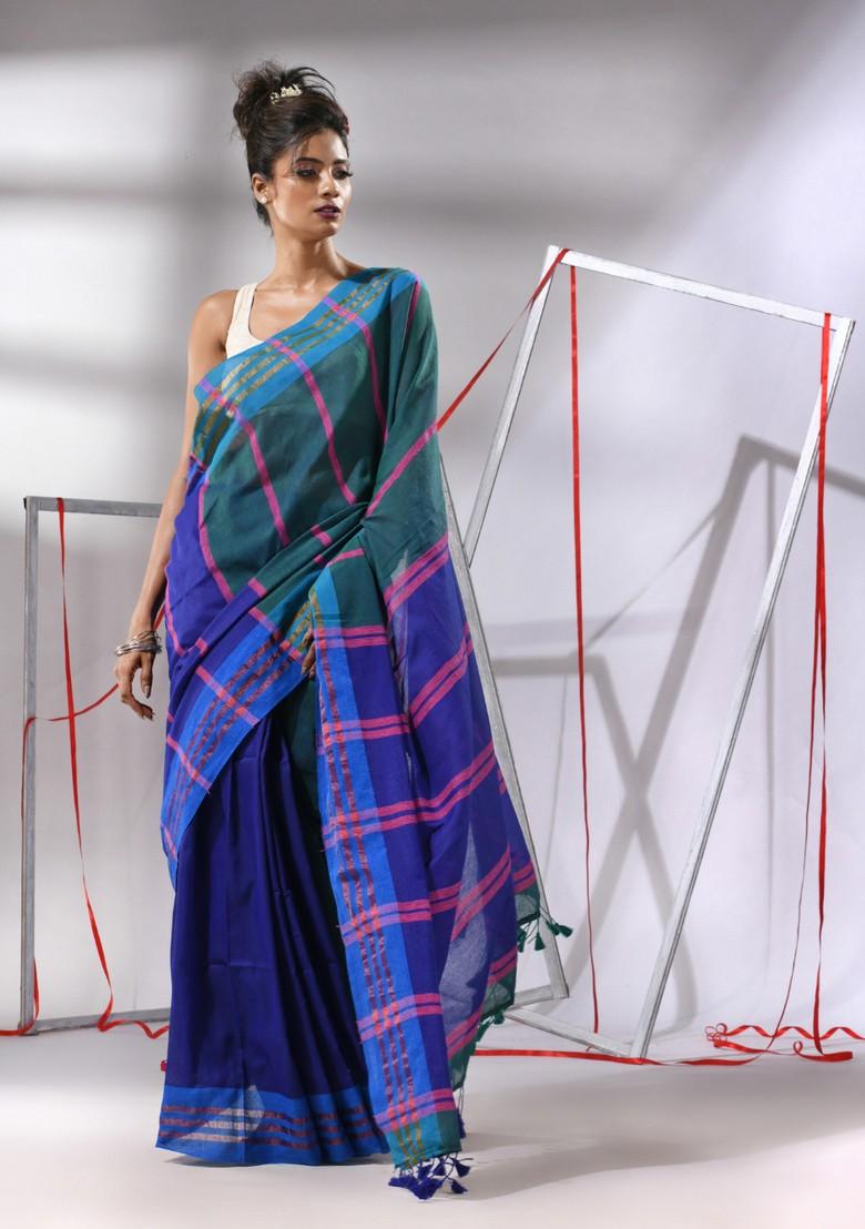 Teal Blue Woven Design Striped Cotton Saree Set