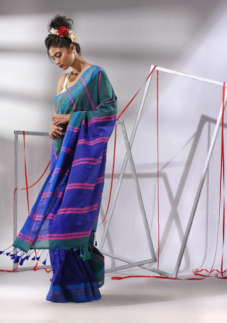 Teal Blue Woven Design Striped Cotton Saree Set