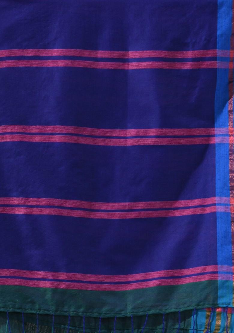 Teal Blue Woven Design Striped Cotton Saree Set