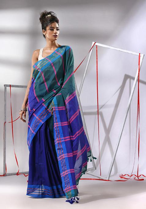 Teal Blue Woven Design Striped Cotton Saree Set