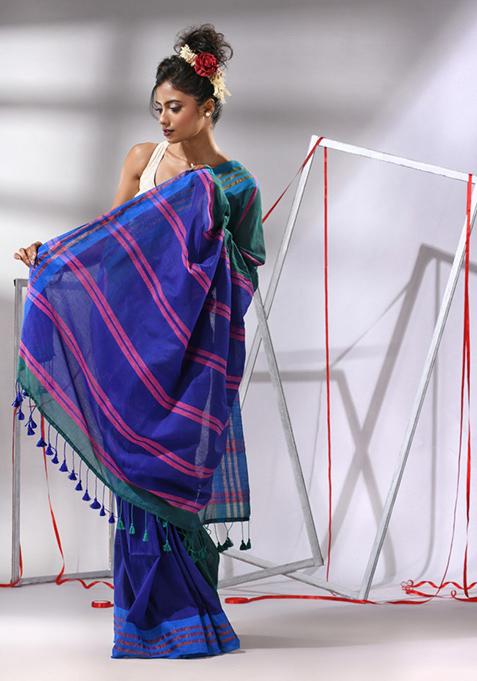 Teal Blue Woven Design Striped Cotton Saree Set