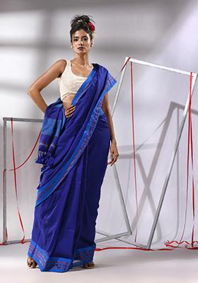 Blue Striped Woven Design Cotton Saree Set