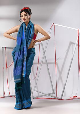 Peacock Blue Striped Cotton Saree Set