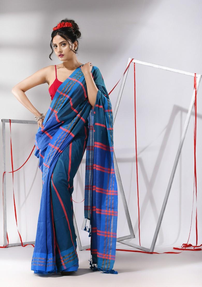 Teal Blue Woven Work Striped Cotton Saree Set