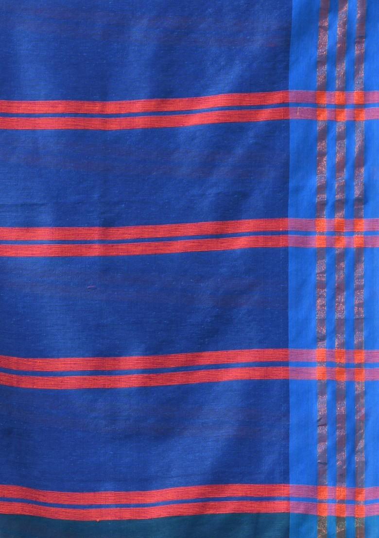 Teal Blue Woven Work Striped Cotton Saree Set