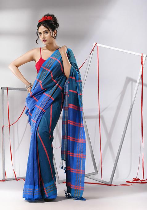 Teal Blue Woven Work Striped Cotton Saree Set