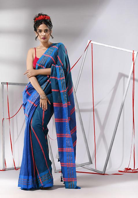 Teal Blue Woven Work Striped Cotton Saree Set