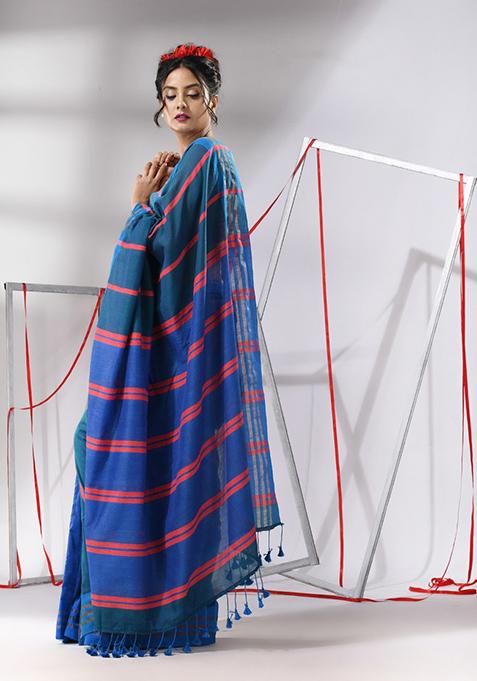 Teal Blue Woven Work Striped Cotton Saree Set