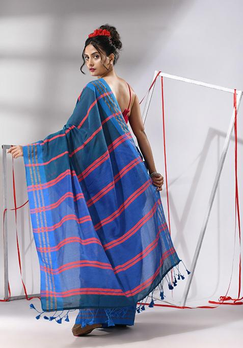 Teal Blue Woven Work Striped Cotton Saree Set