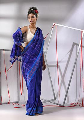 Navy Blue Striped Cotton Saree Set