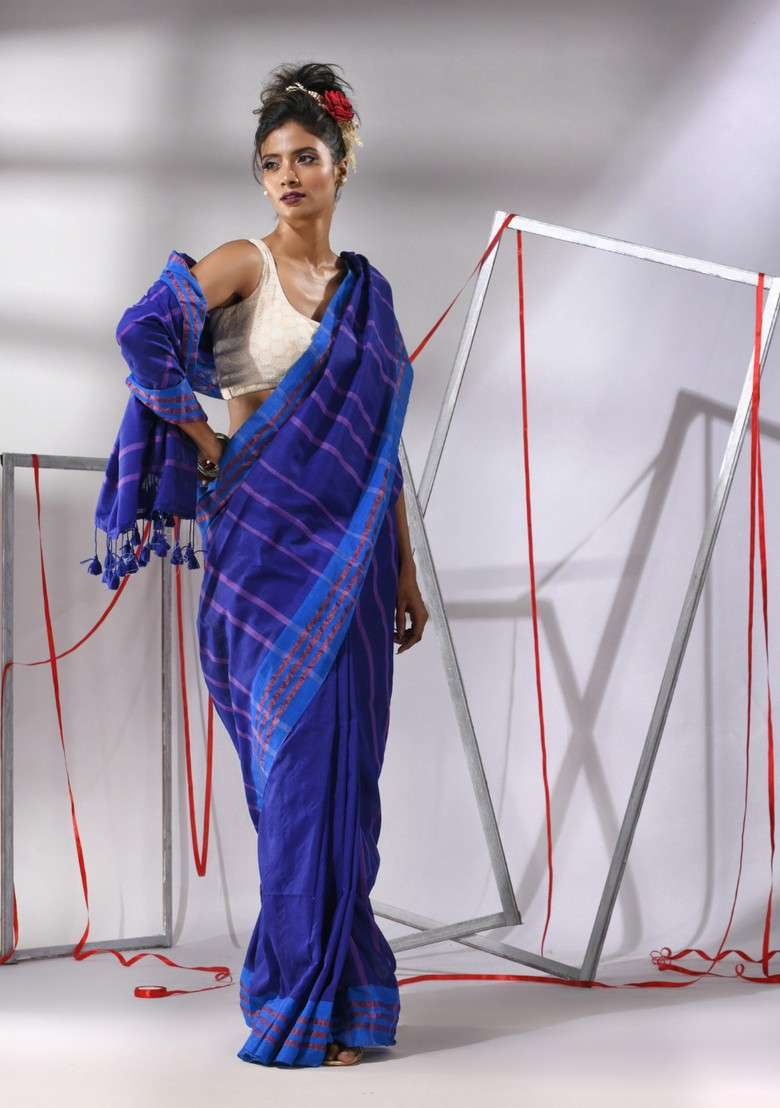 Navy Blue Striped Cotton Saree Set for Diwali | Wedding & Festive Wear - Indya