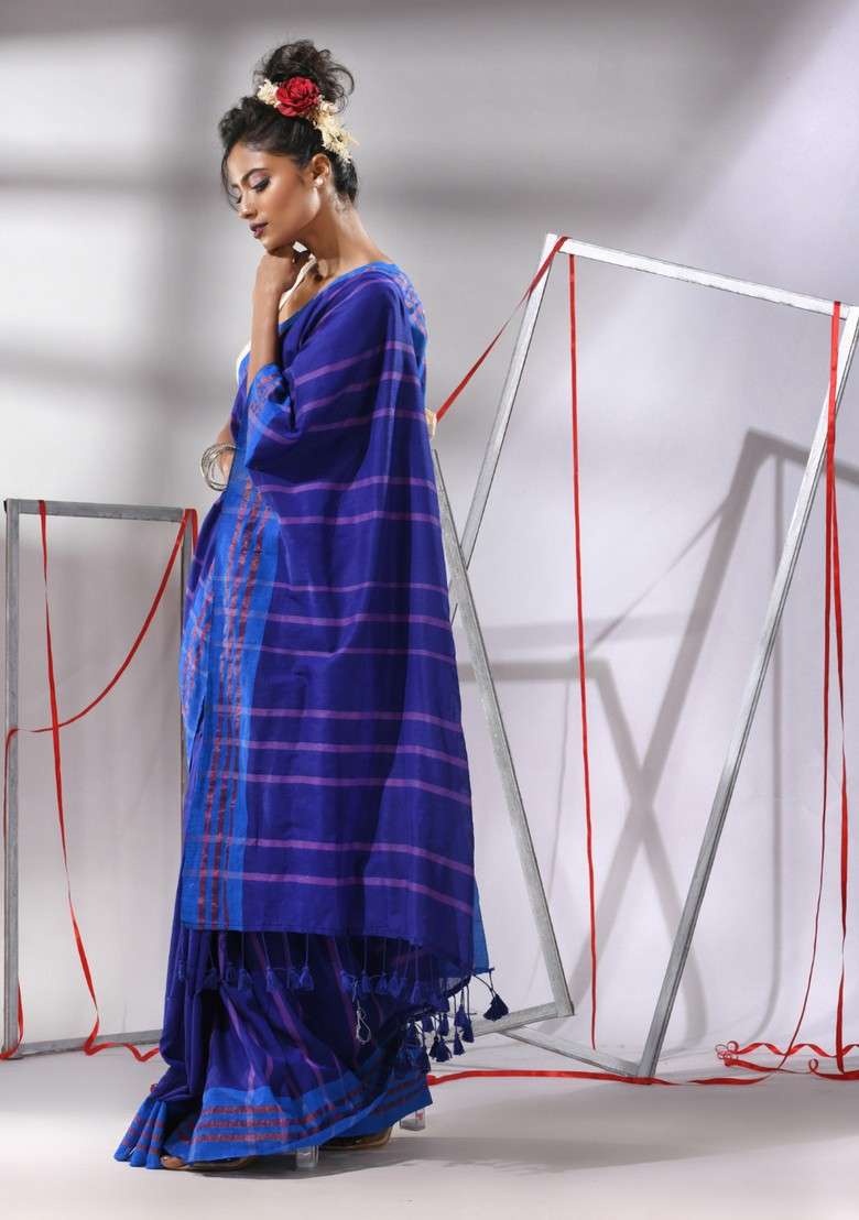 Navy Blue Striped Cotton Saree Set for Diwali | Wedding & Festive Wear - Indya
